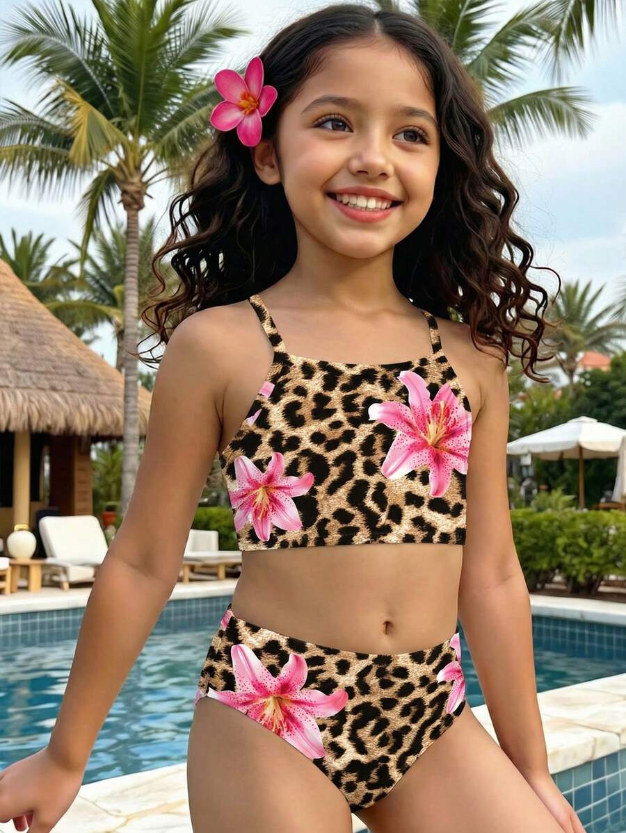 SHEIN Young Girls' Casual Minimalist Leopard Print, Hibiscus & Flame Lily Pattern, Beach Holiday Style, Fitted Camisole & Triangle Bikini Swimsuit Set, Suitable For Summer #Coconutgirl - Multicolor - View 1