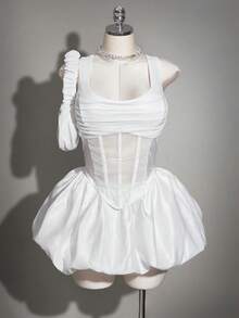 SHEIN ICON Áo corset lưới phối satin tương phản dành cho nữ cỡ lớn - trắng - Xem 5