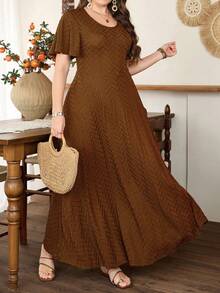 Modelyn Plus Size Women's Ruffle Hem A-Line Dress, Minimalist Elegant Short Sleeve - Brown - View 6