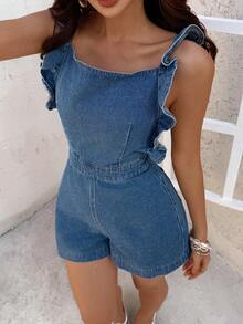 Sunnyshic Bow Tie Backless Ruffle Hem Denim Romper - Blue - View 4