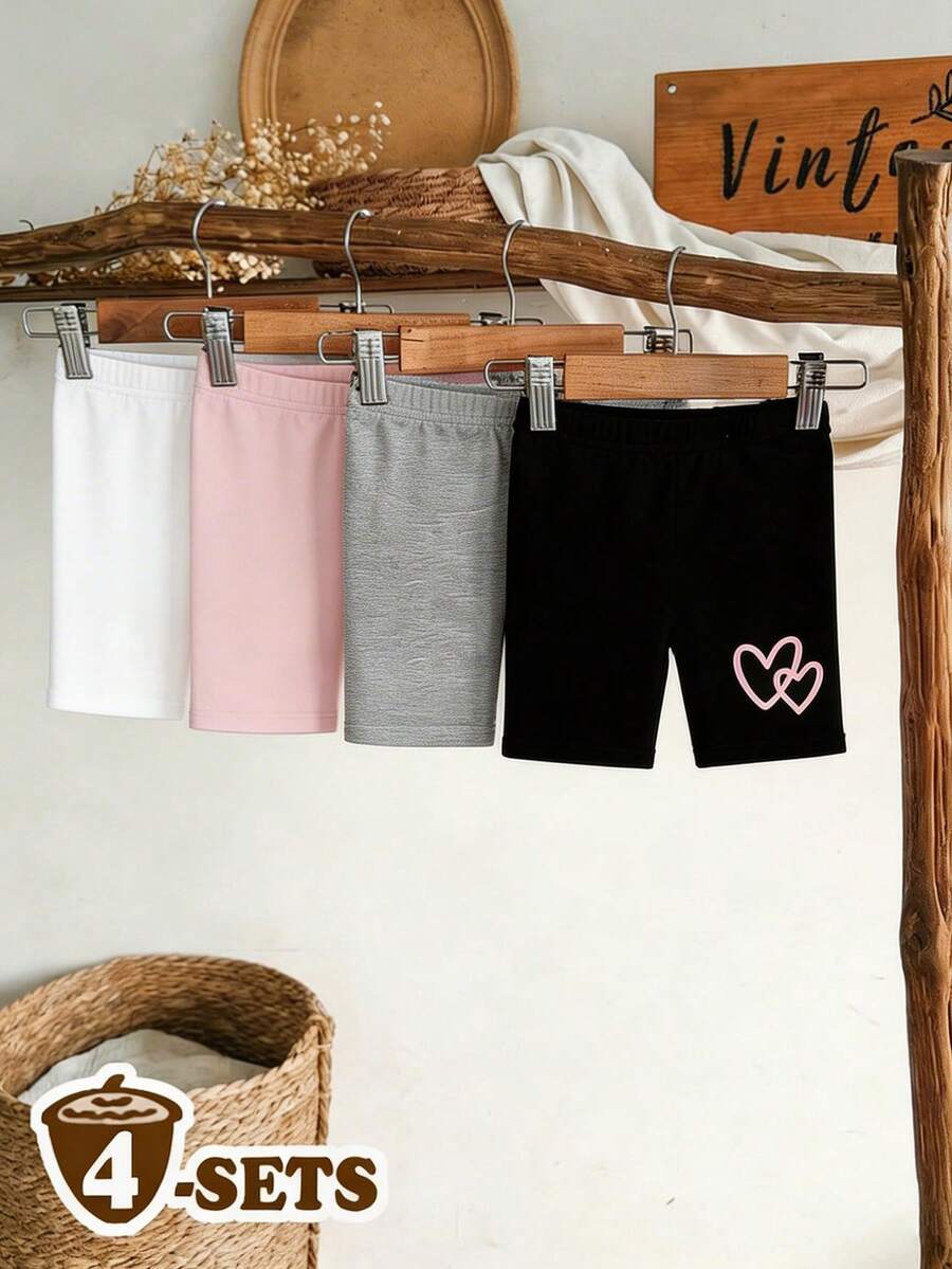 SHEIN Bộ 4 chiếc quần short họa tiết trái tim dễ thương cho bé gái, quần legging thoải mái thường ngày, thích hợp mặc vào mùa hè. - Nhiều màu - Xem 1
