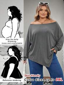SHEIN CURVE+ 大码女式不对称下摆蝙蝠袖纯色斜肩宽松休闲上衣T恤，适合秋季穿着，冬季女装，大码女装，适合万圣节/秋季/冬季穿着。 - 灰色 - 查看 1