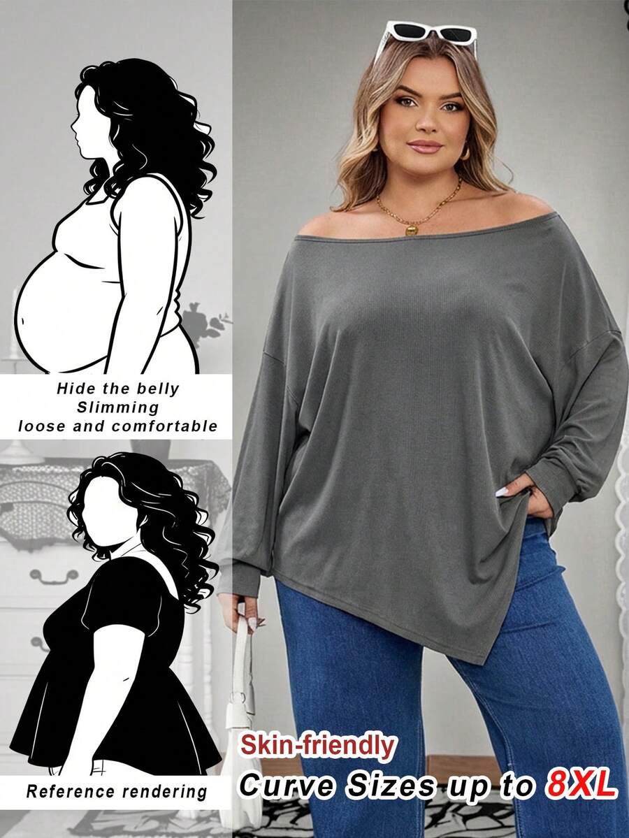 SHEIN CURVE+ 大码女式不对称下摆蝙蝠袖纯色斜肩宽松休闲上衣T恤,适合秋季穿着,冬季女装,大码女装,适合万圣节/秋季/冬季穿着。 - 灰色 - 查看 1