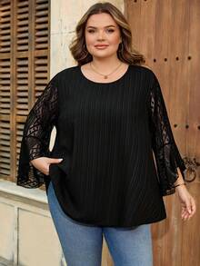 SHEIN CURVE+ Curve 尺码 US22 音乐节、海滨度假、波西米亚纯色宽松蕾丝薄纱袖长袖衬衫 - 黑色 - 查看 5