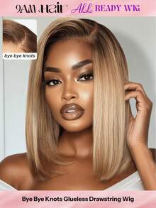 ALL READY WIG Ombre Honey Blonde Straight Bob Wig 7x5 Lace Closure Pre Cut Pre Bleached Glueless Wig 100% Human Hair Bob Wigs Bye Bye Knots Lace Front Blonde With Medium Brown Roots Pre Cut Pre Plucked Pre Bleached Effortless Wear - S4/613 - View 2
