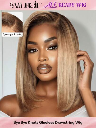ALL READY WIG Ombre Honey Blonde Straight Bob Wig 7x5 Lace Closure Pre Cut Pre Bleached Glueless Wig 100% Human Hair Bob Wigs Bye Bye Knots Lace Front Blonde With Medium Brown Roots Pre Cut Pre Plucked Pre Bleached Effortless Wear