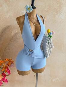 Soleia Halter Neck Tie Ruched Metal Decor Romper,Baby Blue,Summer,Casual,Beach,Holiday,Vacation,Holiday,Boho Floral Summer Outfit For Women,Party - Blue - View 8