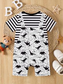 SHEIN Playful Pals Pelele de bebé niño con estampado a rayas de dinosaurio, diseño lindo y juguetón, adecuado para el verano - Multicolor - Ver 2