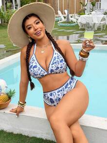 Swim Vcay Plus Size Vacation Beach Plant Print Swimwear Set - Blue - View 7