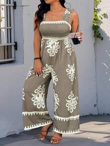 SHEIN PETITE Bộ áo liền quần dáng suông in họa tiết Totem, dây thun co giãn, cỡ lớn, thích hợp cho phụ nữ thấp bé, kiểu dáng rộng rãi và thoải mái, thích hợp mặc mùa hè. Áo liền quần cho nữ, trang phục mùa hè cho nữ. - Nhiều màu - Xem 6