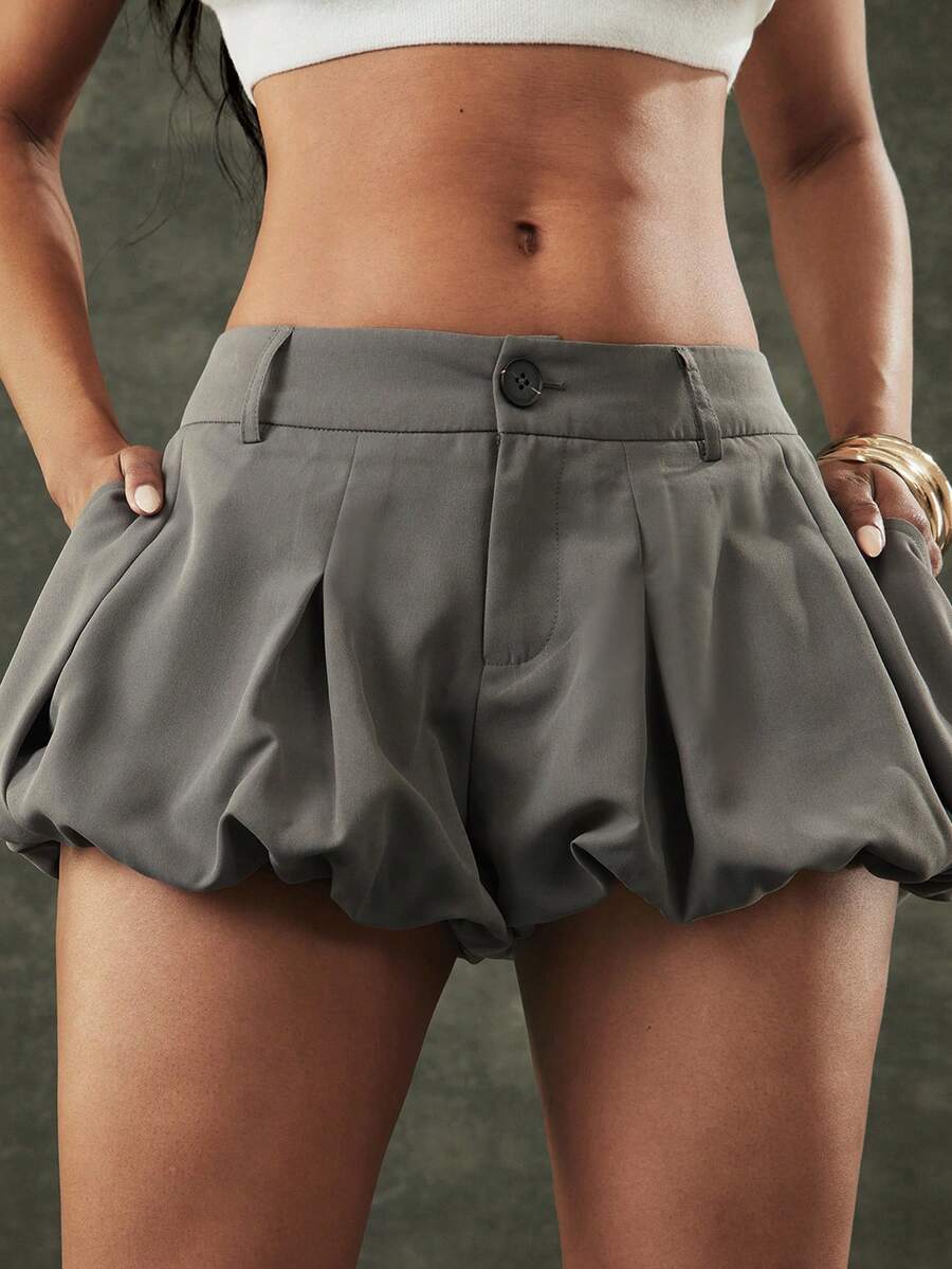 Denimoi 夏季休闲低腰泡泡裙短裤，可爱性感高街A字迷你短裤 - 軍綠色 - 查看 1