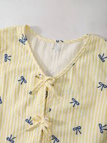 Sparklyn 2pcs/Set Tween Girls Sleeveless Shirt With Bow Buttons And Elongated Pants - Yellow - View 3