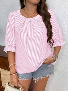 SHEIN LUNE CURVE Camisa de talla grande con cuello redondo, puños a rayas, lazo trasero y botones decorativos - Rosa - Ver 3