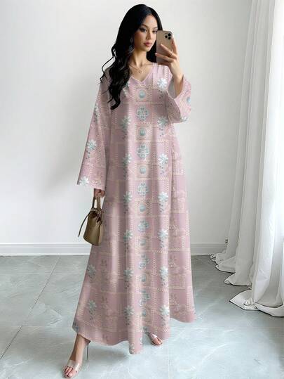 SHEIN Najma 浅紫色花卉植物刺绣不规则格纹印花女式长款连衣裙，V领长袖优雅长裙，适合度假和日常穿着，春夏款