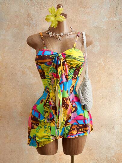  Mistrie Summer New Sexy Vacation Leopard & Ditsy Floral Spaghetti Strap V-Neck Fitted Beach Vacation Mini Dress For Women