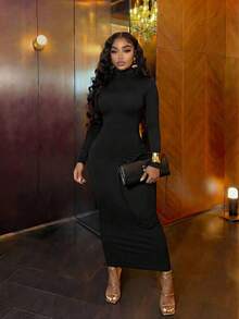 Slaydiva 2025新款优雅性感V领露背长袖连衣裙，适合派对、生日、酒吧、夜店、情人节、万圣节、圣诞节等场合 - 黑色 - 黑色 - 查看 2