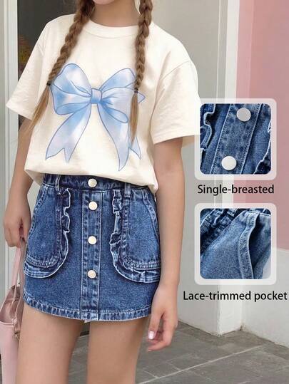 年轻女孩新款休闲时尚可爱荷叶边口袋设计水洗牛仔短裤