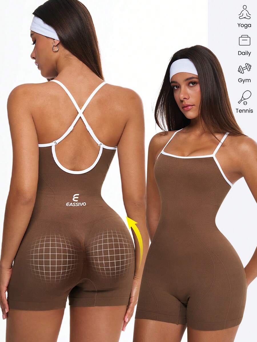 Eassivo Women's Seamless High Elasticity Aerobic Yoga Fitness Criss-Cross U-Back Jumpsuit - Coffee Brown - View 1