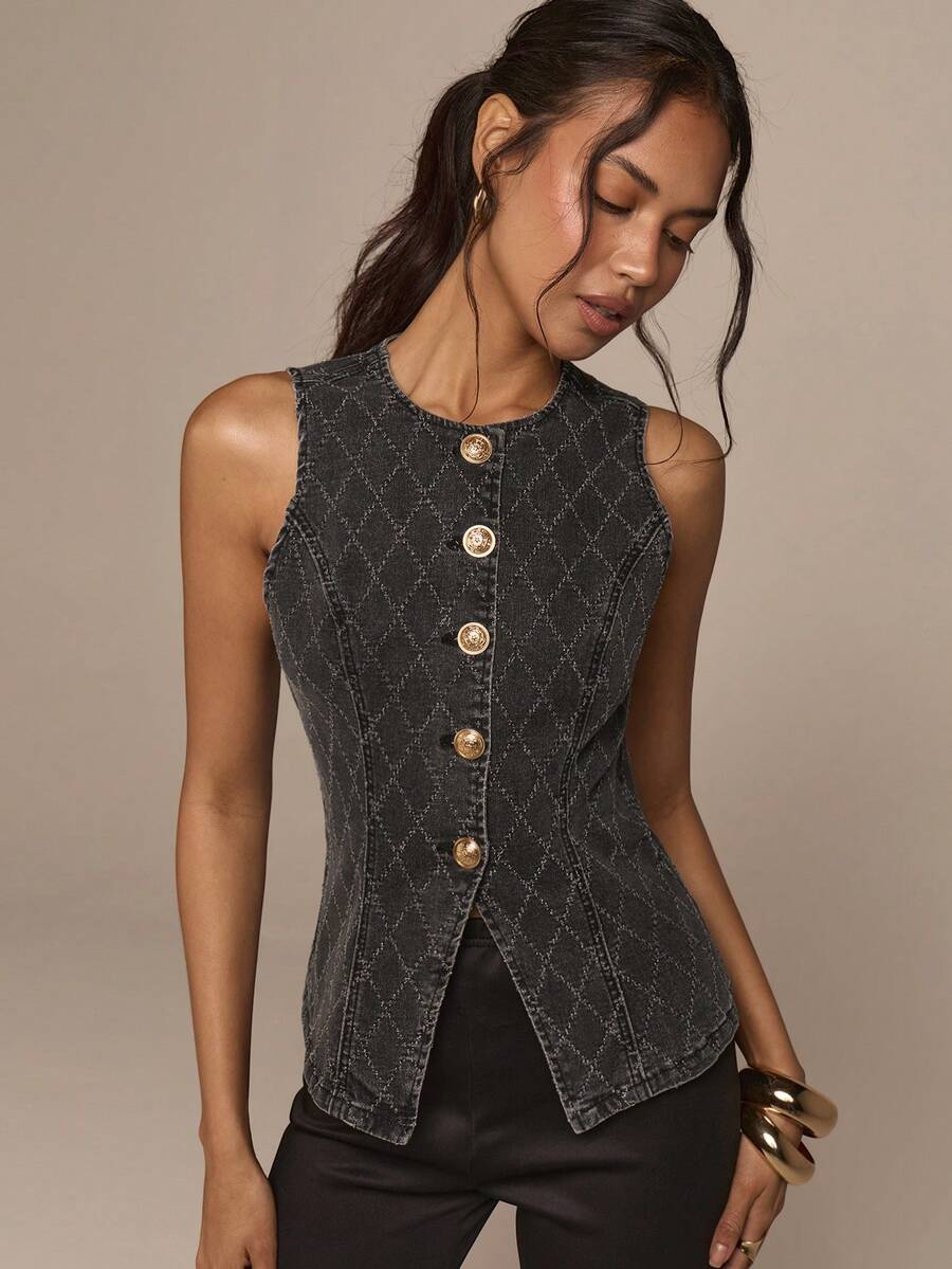 COSMINA Women's Plaid Metal Single-Breasted Casual Vest Denim Top - Black - View 1