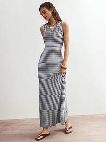 Bohemela 女士休闲针织条纹露背美人鱼连衣裙 - 藍色 - 查看 8