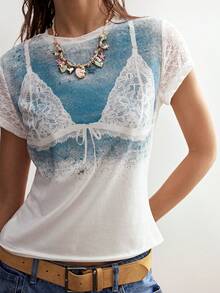 Bohemela Camiseta ajustada de mujer de cuello redondo y manga corta de punto informal - Blanco - Ver 5