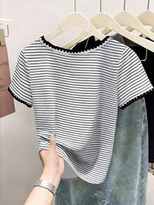 Resyla 女士圆领条纹休闲百搭日常短袖T恤 - 彩色 - 查看 2