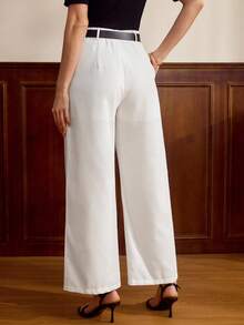 Vintamour Vintage Classic Elegant Women's Pants,White,Autumn,Casual,Brunch,Fitted Waist,Pockets,Spring/Summer Wideleg Linen Trousers For Work Office Festival - Beige - View 2