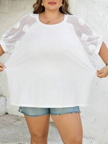 SHEIN CURVE+ Curve 尺码 US22 音乐节、海滨度假、波西米亚风女式上衣，拼接不同材质，白色T恤，立体花朵面料T恤 - 白色 - 查看 5