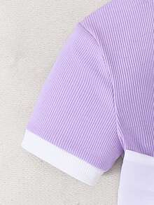 Kleine Mädchen Einfarbig Gestrickt Figurbetont Kurzes Rückenfrei T-Shirt mit Organza Oversized Schleife Dekor, Modisch Französisch Elegant, Schulanfang, Y2K, Süß & Coole Lady Stil - Mauve - Übersicht 6