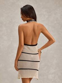 SHEIN Hollow Out Beachwear Cover Up Mini Dress - Black and White - View 2