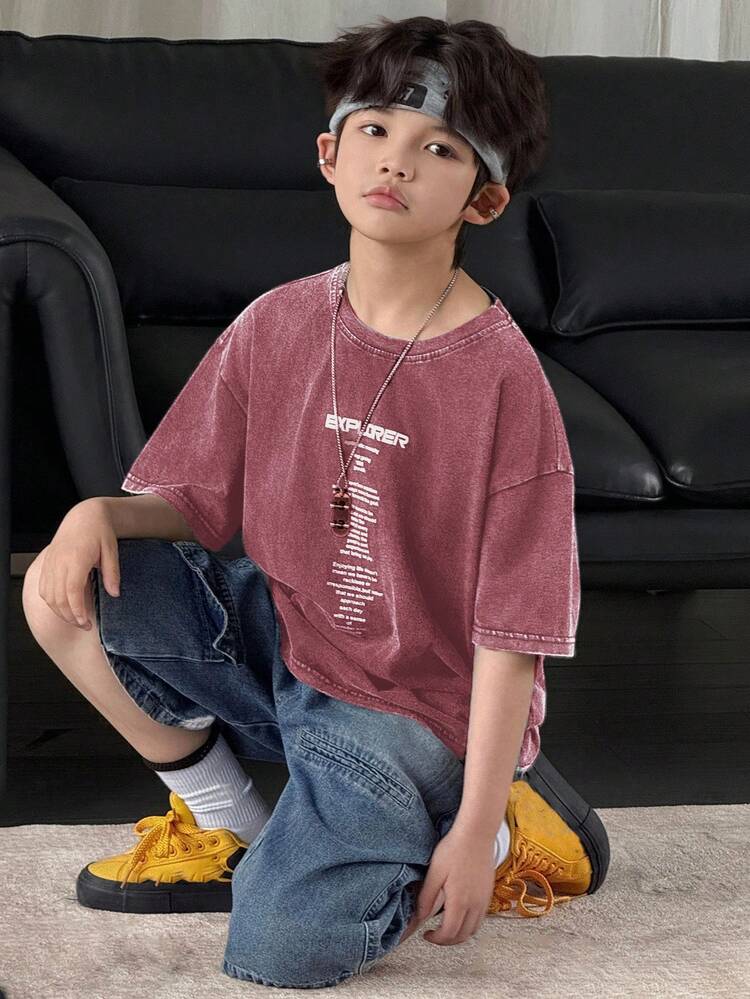 Tween Boy Slogan Print Round Neck Short Sleeve Casual T-Shirt