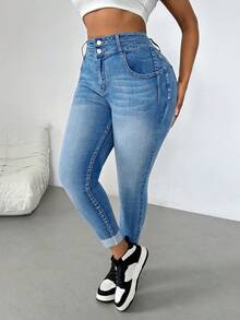 Enliva Plus Size Front Button Pocket Casual Denim Jeans, Daily Wear, For Apple And Rounded Body Shape - Light Wash - View 6