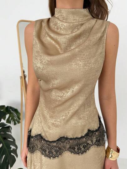 Aloruh Spring/Summer New Elegant Commuting Sexy Party Gold Mandarin Collar Sleeveless Ruched Waist Irregular Hem Lace Patchwork Blouse, Vintage Style, Versatile Chic Casual Elegant Commuting Retro Shirt