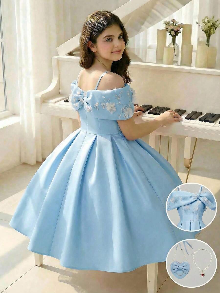 Tween Girl Off-Shoulder 3D Floral Decor Pleated Fashion Party Dress - Blue - View 1