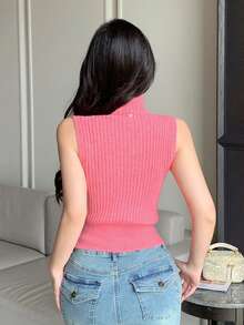 DAZY Women's Solid Color Stand Collar Sleeveless Fitted Elegant Sweater - Pink - View 4
