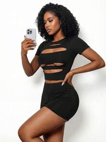 BamGleam Bộ đồ 2 mảnh gồm quần short ngắn tay khoét eo gợi cảm dành cho nữ, thích hợp cho mùa xuân/hè. - màu đen - Xem 7