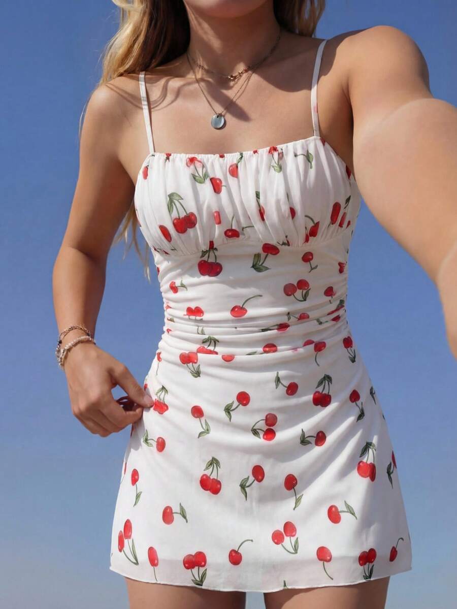 SHEIN 少女樱桃印花休闲吊带裙 - 紅白色 - 查看 1