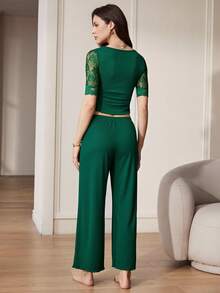 法式优雅浪漫高端迷人蕾丝拼接柔软修身V领绿色女士睡衣套装 - 綠色 - 查看 2