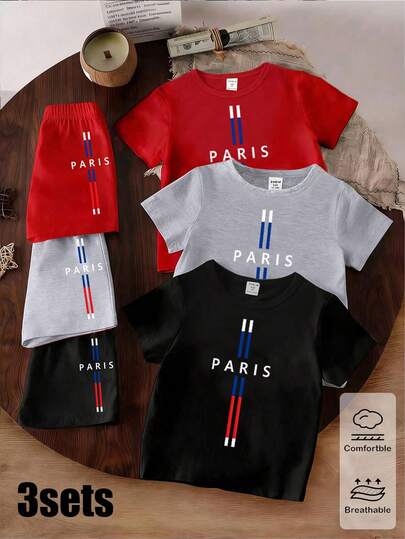 6pcs/Set Spring & Summer Baby Boys Casual Fashionable Creative Minimalist Line Design, Paris Letter Graphic Print Short T-Shirt & Shorts Outfits, Red/Grey/Black, Comfortable Daily Wear