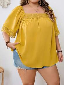 SHEIN CURVE+ Plus Size Women Floral Button Design Short Petal Sleeve Shirt - Yellow - View 5