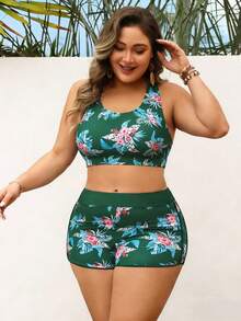 Swim Lushoire 大码女士三件套泳衣，随机印花无袖罩衫，露背运动文胸上衣和短裤，适合海滩、泳池和运动场合。 - 彩色 - 查看 3