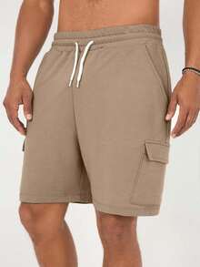 EURMUSE Men's Solid Color Drawstring Shorts With Pockets For Summer - Beige - View 4