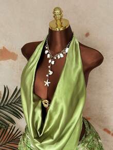 Sunspun 春夏时尚度假优雅缎面金属扣装饰垂褶领带吊带背心搭配缎面印花褶皱双层下摆迷你裙性感两件套沙滩装 - 彩色 - 查看 6