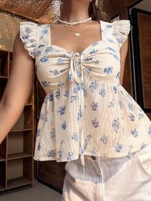 Serisse 女士印花前系带短袖时尚衬衫 - 藍白色 - 查看 1