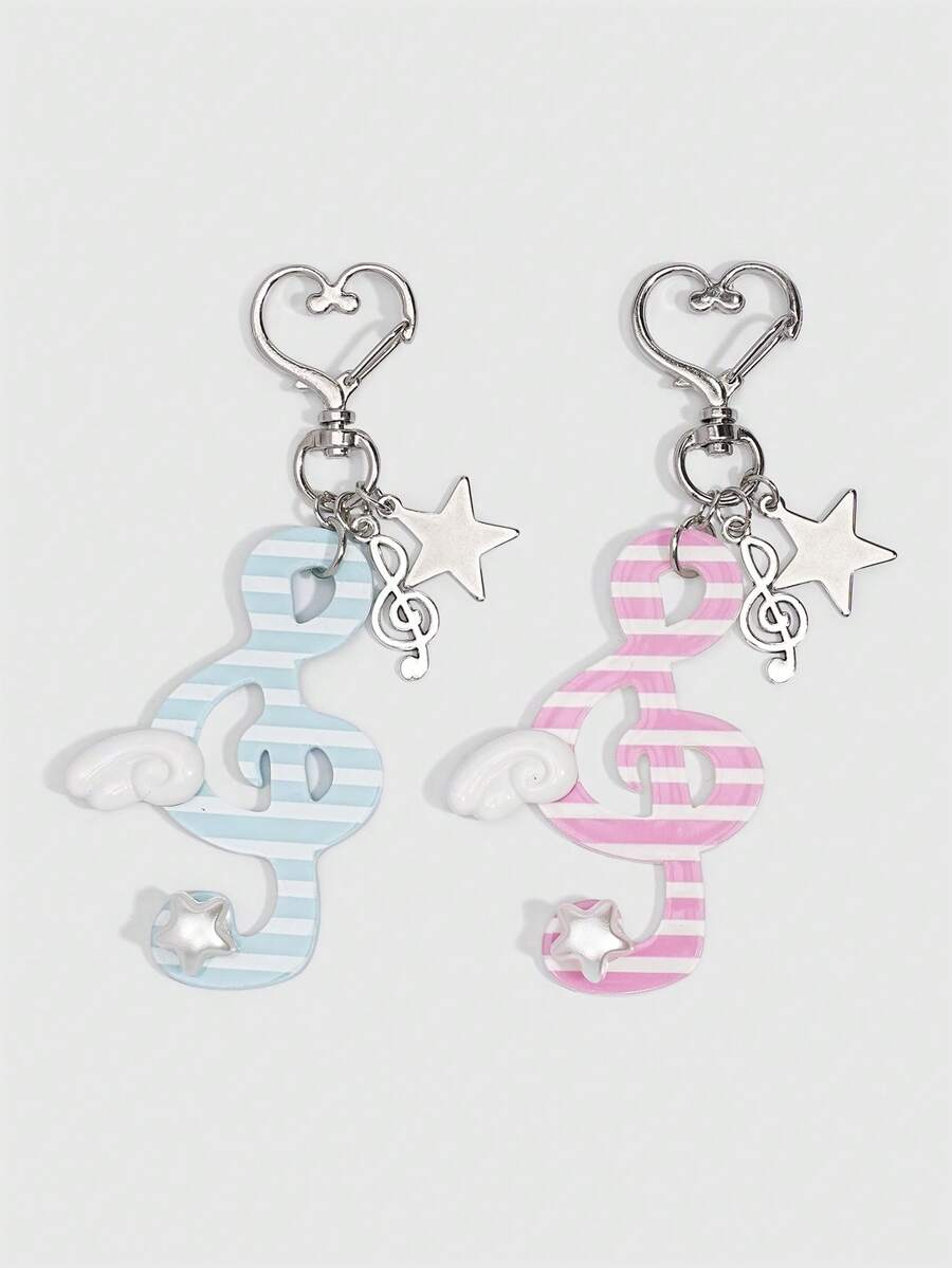 ROMWE 2pcs Y2K Style Music Note & Star Decor Keychains, Subculture Polka Dot Black Music Note Bag Charms, Suitable For Back To School Season Teenagers & Students Keychain Accessories - Multicolor 1 - View 1