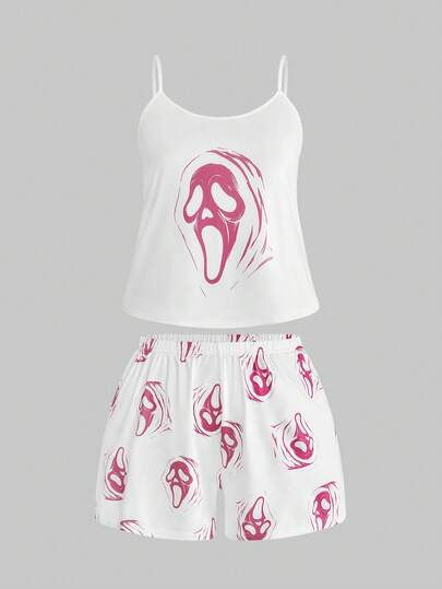 ROMWE Bộ đồ ngủ thường ngày dành cho nữ cỡ lớn, họa tiết Gothic Imp, dây đeo tương phản, gồm áo hai dây và quần short.