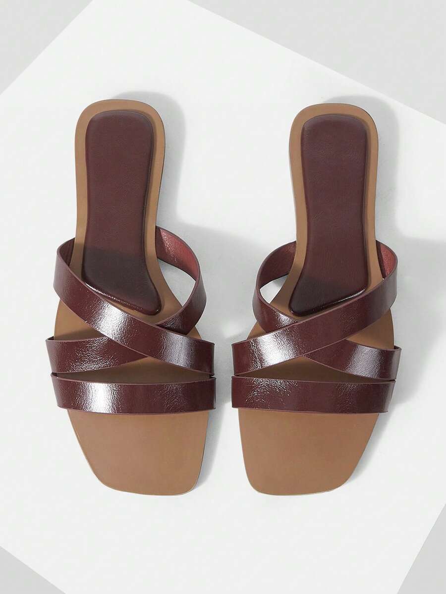 Mnmlis Two-Color Square Toe Minimalist Casual Daily Wear Spring And Summer Beach Flat Sandals - Burgundy - View 1