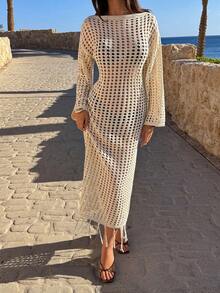 SHEIN Casual Knitted Cardigan With Hollow Design And Fringed Hem, For Summer Holidays At The Beach - Apricot - View 1