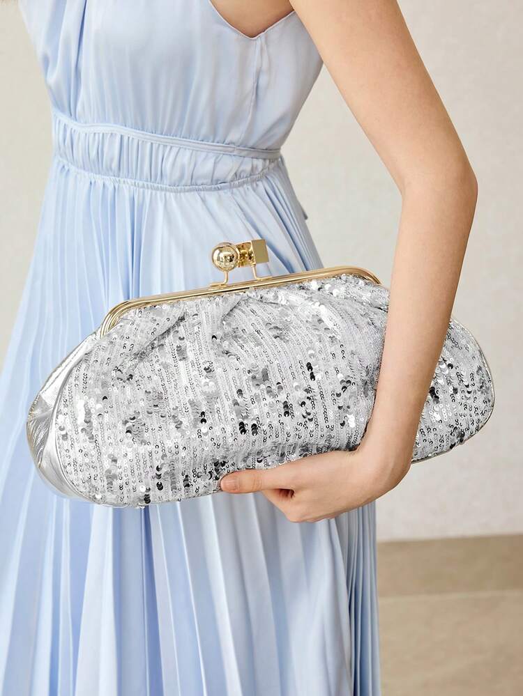 FASHION PLEATED SEQUINED CLIP CLUTCH BAG, EXQUISITE PARTY PARTY DINNER BAG