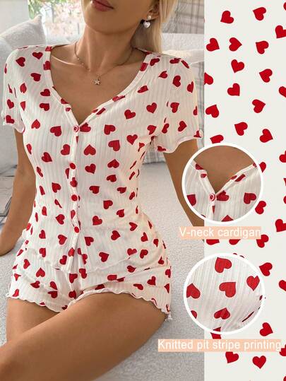 SHEIN Valentine's Day Women Sleepwear Set, Heart Print Short Sleeve Shorts, Cute & Fresh Loungewear